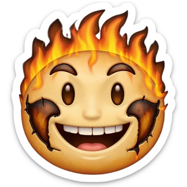 A emoji with half of his face where his left eyes at is burnt with the emoji having a big grin sticker