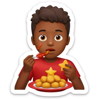A boy with dark skin wearing a red and yellow t-shirt, eating star-shaped chicken nuggets with ketchup sauce. sticker