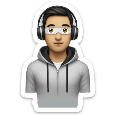 a guy with black hair, wearing a hoodie using a apple vision headset sticker