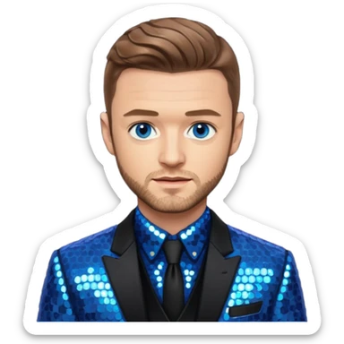 Justin Timberlake with light brown hair, blue eyes, sequin black suit jacket sticker