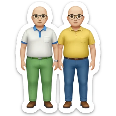 two guys, the first guy is white bald have glases a white dressshirt with rolled up sleeves and green pants he is over weight, The second guy has a yellow skin white golf shirt blue jeans and bald they should stand next to eachother sticker