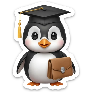 A cute penguin with beautiful eyes, very happy, wearing a graduation cap with the letter 'Ю' on it, holding a wallet. sticker
