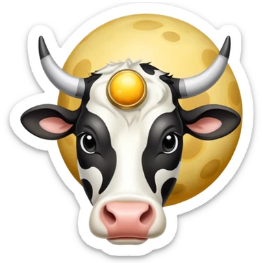 A spotted black and white cow head with Saturn's yellow-beige planet as the body and its iconic rings around the middle sticker