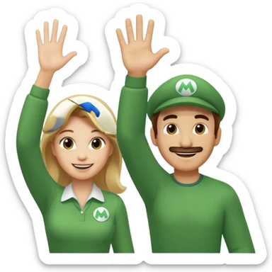 blonde female Luigi and a normal brown hair male mairo. They are friends! Maybe highfiving or just smiling sticker