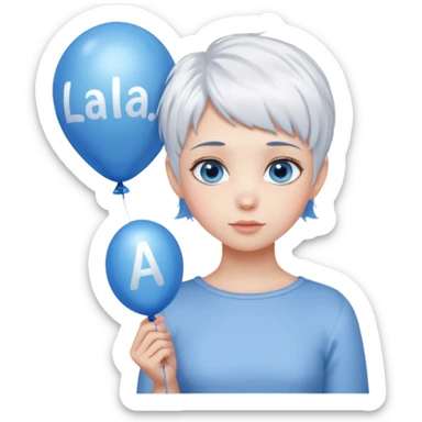 big blue eyes, pixie cut white hair, balloon that says Lala ♥️ you!  sticker
