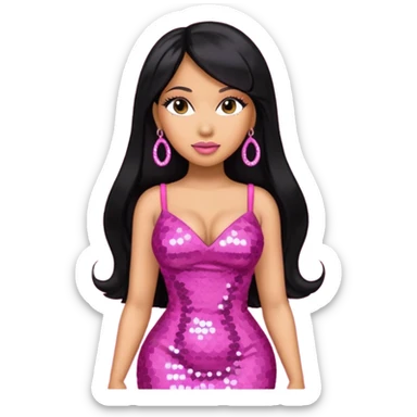 Nicki Minaj with long black hair, dark pink sequin dress, pink earrings sticker