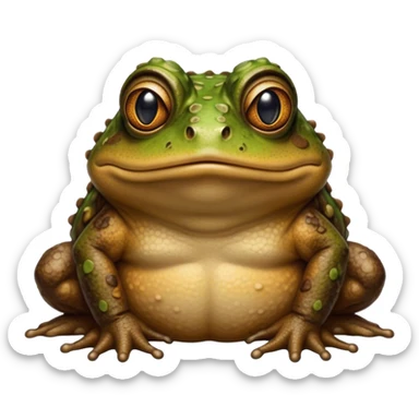 Cinematic Noble Toad Portrait Emoji, Poised and earthy, with a stout, robust build covered in textured, warty skin in warm, natural tones and deep, observant eyes, Simplified yet sharp and sophisticated features, highly detailed, glowing with a soft, natural mossy glow, high shine, intelligent and grounded, stylized with an air of rustic authority, focused and steady, soft glowing outline, capturing the essence of a watchful amphibian guardian that appears ready to leap out of the screen with effortless command! sticker
