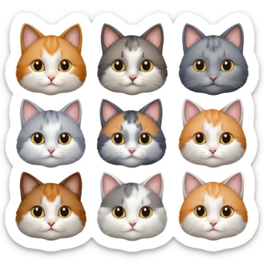 6 realistic looking cats with different natural coloured coats, assorted grey and white, greys, calico, brown and white colours etc
 sticker