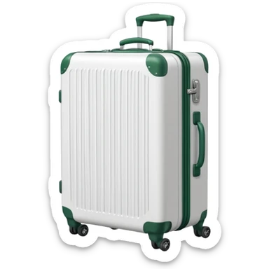 white ribbed suitcase on wheels with handle, dark green corners, handle and wheels, slightly top view, emoji style sticker