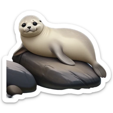 cinematic-seal-realistic-full-body-lounging-emoji,-plump-sleek-body-stretched-out-on-a-rocky-shoreline,-short-smooth-fur-glinting-in-the-sea-breeze,-flippers-tucked-comfortably-beneath-its-body,-large-dark-eyes-filled-with-playful-curiosity,-whiskered-muzzle-lifted-slightly-as-if-smiling,-simplified-yet-realistic-focused-features,-highly-detailed,-glowing-with-a-refreshing-marine-radiance sticker