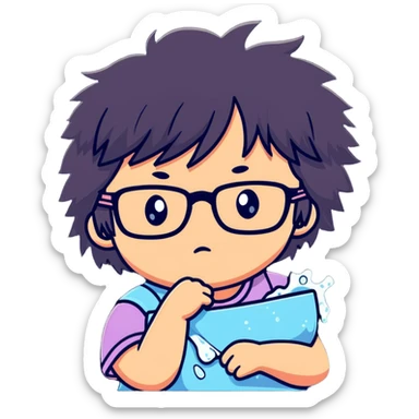 Girl with glasses with messy hair, making a cranky face, refusing to wash her hair sticker