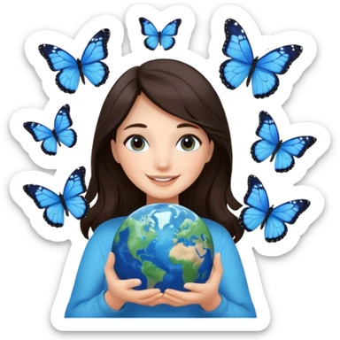 Successful CEO (brunette girl, another emoji, in the middle), holding the Earth 🌍 in her hands smiling warmly, blue monarch butterflies fly around her. sticker