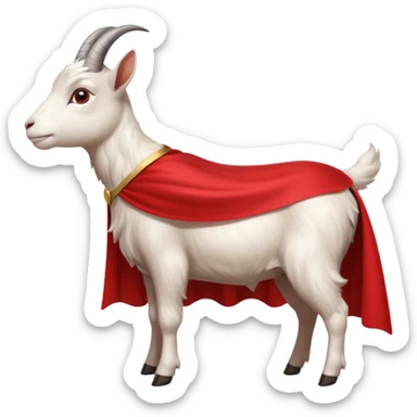 side view of white female goat wearing a read cape like superman sticker