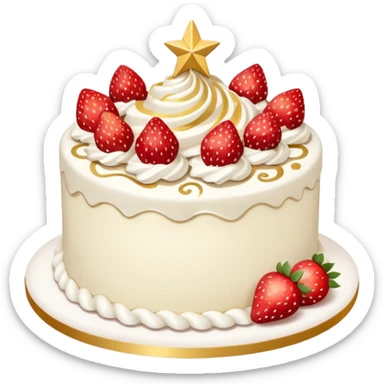 white cake with strawberries, gold star decorations, and whipped cream swirls sticker