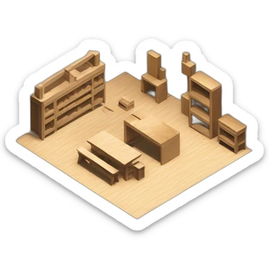 isometric square solid outline border box containing indoor creative workshop factory woodworking metalworking people actively working cnc machine tools simple clean industrial brutalist sticker