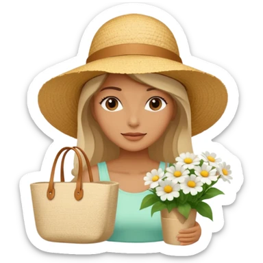 summer beautiful wicker hat next to it lies a beach beige bag and a bouquet of white flowers sticker