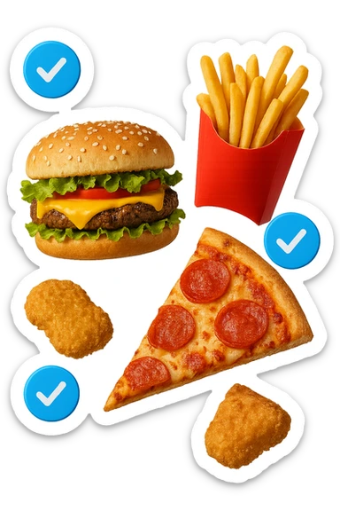fast food realistico fluttua in aria insieme a spunte di verificato in 3d sticker