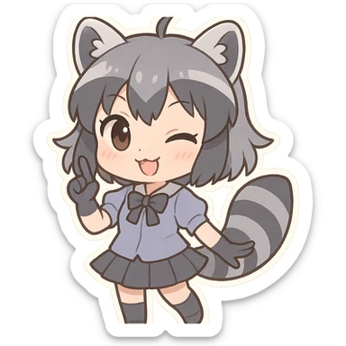 chibi stickers style raccoon girl with striped tail, playful and mischievous sticker
