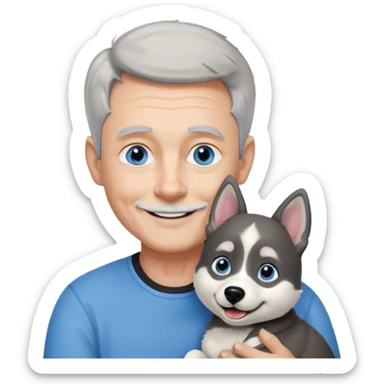 A 60 year old man with blue eyes and short light gray hair and slightly big ears, holding a black and white husky dog with floppy ears and white tuft eyebrows, both smiling sticker