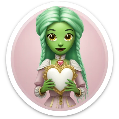 a green amazon alien woman in Victorian white gold, pink hair full body,holdig red big hearth sticker