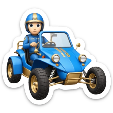 A small blue and gold dune buggy featuring a driver in a motorcycle helmet, with the word "BAJA" displayed on the side panel. sticker