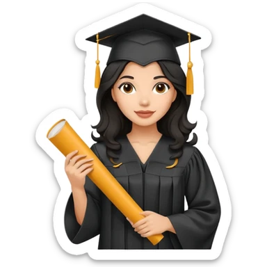 beautiful latina woman with wavy black hair wearing graduation cap and gown, holding diploma sticker