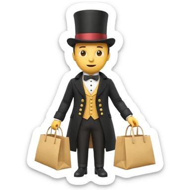 3d yellow emoji character dressed as a victorian gentleman with top hat and coat, holding a small grocery bag heroically, overconfident expression, early 2000s 3d rendered style, white background sticker