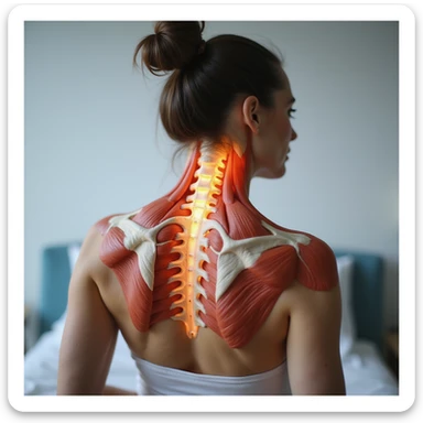 realistic anatomical back view of a woman showing neck and shoulder muscles with evident cervical contractures, clinical environment sticker