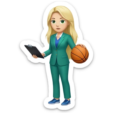 Full Body white plus size female basketball head coach coaching using a clipboard with long blonde hair in a blue and green suit sticker