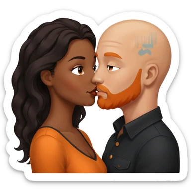 ebony black women with long brown/black wavy hair kissing bald white man. White man has orange facial hair sticker
