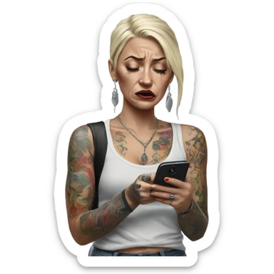 Hyper Realistic Beautiful tattooed woman crying holding a phone  sticker