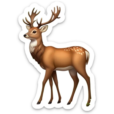 A majestic deer with large antlers, walking gracefully through a serene forest, surrounded by soft green foliage and dappled sunlight, in a minimalist and clean emoji style. sticker