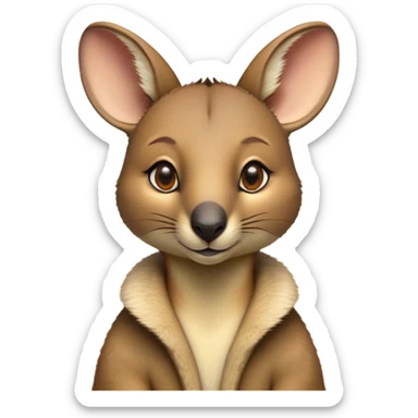 Cinematic Noble Wallaby Portrait Emoji, Poised and regal, with a compact, agile build and a soft, well-groomed fur of warm tan and light brown hues, deep-set soulful amber eyes and perky ears, Simplified yet sharp and sophisticated features, highly detailed, glowing with a soft, dignified glow, high shine, intelligent and spry, stylized with an air of bushland elegance, focused and attentive, soft glowing outline, capturing the essence of a watchful and confident marsupial, so majestic it feels as though it could hop out of the screen with effortless authority! sticker