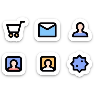 website navigation icons with home, mail, shopping cart, user profile, and settings sticker