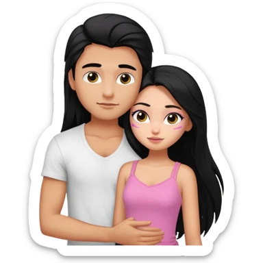generate a pretty tan bratz boy wearing a white tshirt. Hugging a fair girl with long black hair, eyeliner, wearing a pink cami.  sticker