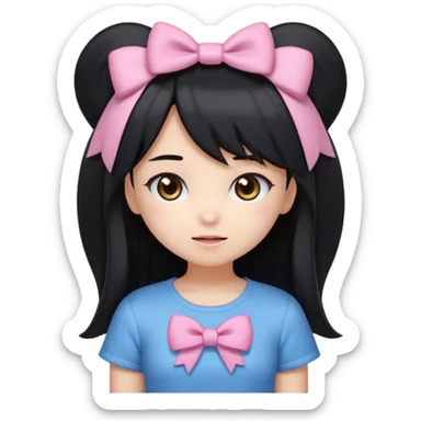A kawaii-style emoji of a cute anime girl with long, straight black hair, with side bangs, big shiny brown eyes, and soft makeup. She has a small pink bow on her hair and is wearing a pastel blue top but with a Sonic the Hedgehog design printed on it (cute Sonic style). sticker