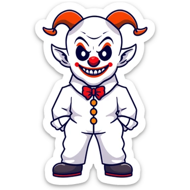 full-body demonic clown in a white leisure suit with bellbottom pants, bald, with black ram horns sticker