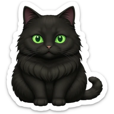 fat black long hair cat fluffy sitting with green eyes sticker