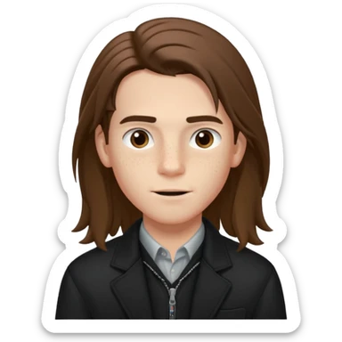 Un chico con pelo largo, que le llegue hasta las cejas, tiene pecas, brackets, ojos cafés oscuros y con una chaqueta negra sticker