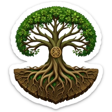 Tree roots forming a sigil shape, earth magic symbolism, deep greens and browns sticker