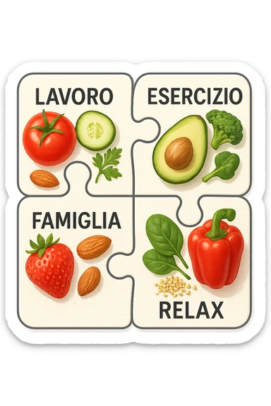 Puzzle (Lavoro, Esercizio, Famiglia, Relax), and healthy foods are integrated into each piece. in italiano sticker