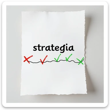 hyperrealistic 4K sheet of paper with the word 'strategia' written on it, a wavy line representing various stages, some marked with red crosses and others with green check marks, photorealistic style sticker