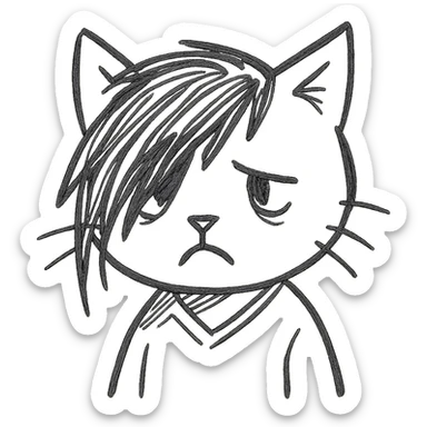 emo kitty with sketchy lines, sad face, hand drawn outline style sticker