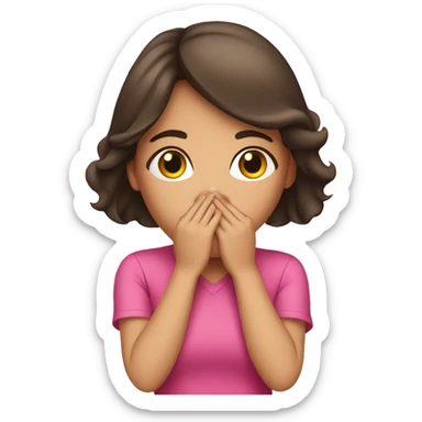 Brunette girl with her Hands covering her mouth with pink shirt sticker