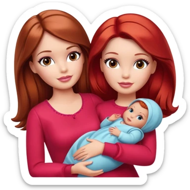 A barbie girl with makeup with brown hair long with a baby, a daughter, a girl with red hair, holding her hand in red clothes sticker