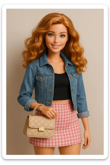 Barbie with wavy ginger hair, trendy outfit, holding a purse, friendly expression sticker