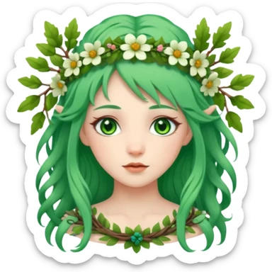 A forest princess with green hair, green eyes, wearing a wreath of flowers and branches sticker