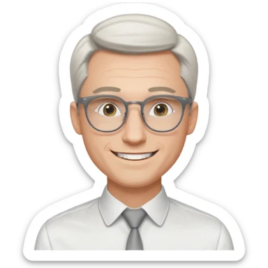 30 yr old pale white man, white/grey side swept stylish hair, round glasses, big smile, white teeth, handsome, longer hair, thin glasses, white dress shirt, smooth forehead, botox, no tie, open collar sticker