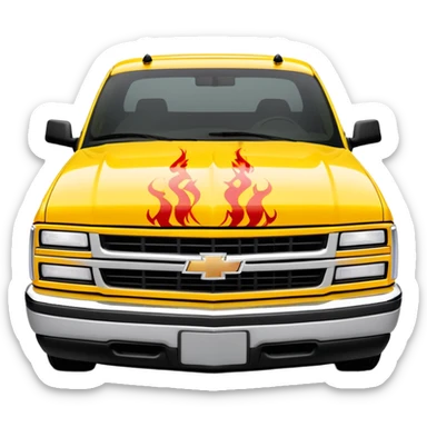 Bright yellow 1997 Chevrolet Silverado with authentic red flame print decal across the front hood, precise Kill Bill movie detail, 30-degree angle, iOS emoji style sticker