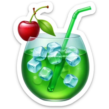 Create an emoji with a very clear rounded glass and ice, bright transparent green soda , a smooth vanilla scoop circle shape, a glossy red cherry, using vibrant colors, soft shading, and clear glass highlights.
 sticker